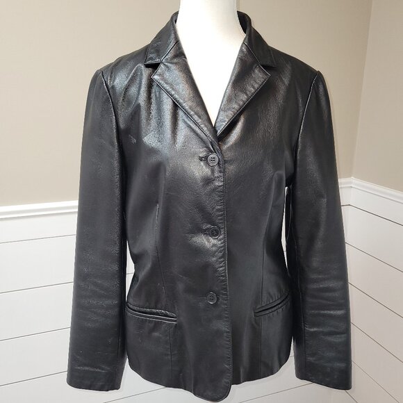 Nine West Short Black Leather BlazerJacket- Size10 - Picture 1 of 8